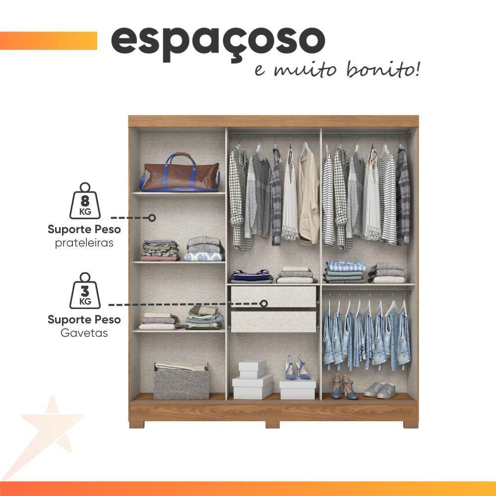 Guarda Roupas Casal 3 Portas De Correr Com Espelho Ripado 2 Gavetas Lotus Madeirado/off White - 3
