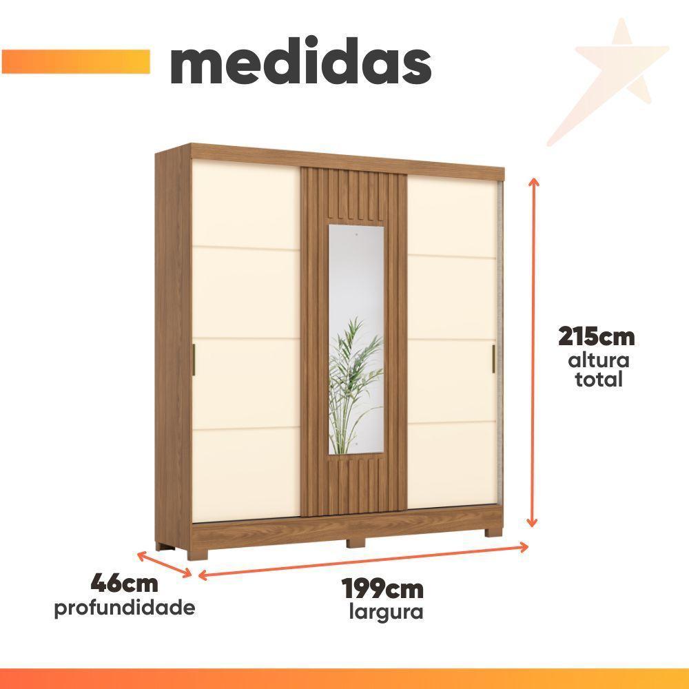 Guarda Roupas Casal 3 Portas De Correr Com Espelho Ripado 2 Gavetas Lotus Madeirado/off White - 7