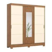 Guarda Roupas Casal 3 Portas De Correr Com Espelho Ripado 2 Gavetas Lotus Madeirado/off White - 1