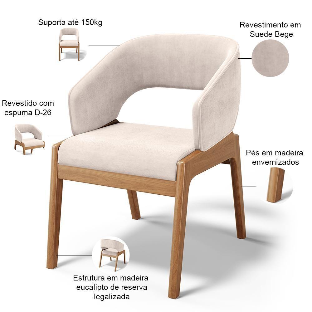 Kit 06 Cadeiras De Jantar E Estar Living Estofada Lince L02 Suede Bege - Lyam Decor - 4