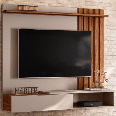 Home Suspenso Vegas 1,60m Tvs 65 Polegas Porta Basculante Nichos Painel Lateral Ripado Grigio Fosco Cinamomo Mel