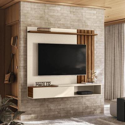 Home Suspenso Vegas 1,60m Tvs 65 Polegas Nichos Painel Lateral Ripado Com Porta Basculante - Perola Metalizado Cinamomo Mel