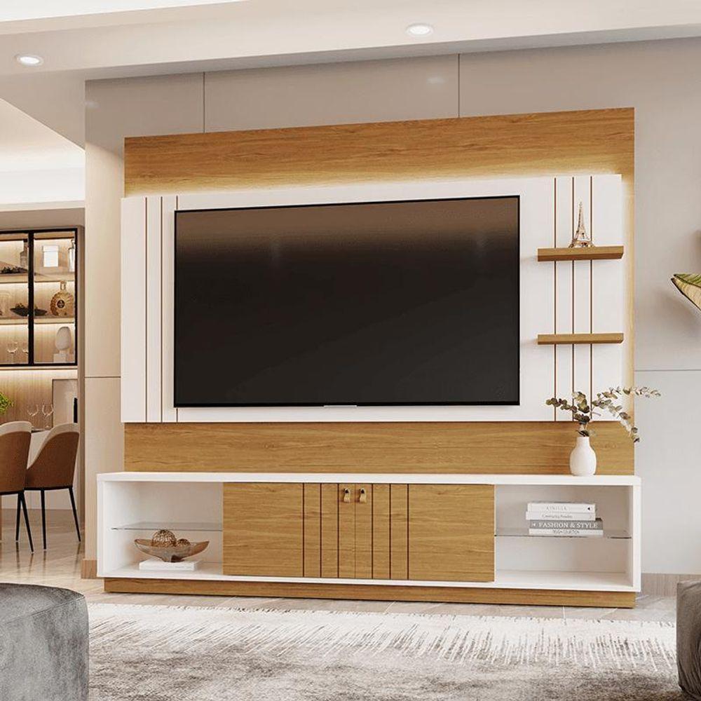 Home Guaíba 2,00m Tvs 65 Polegas Painel Ripado Led E Nichos - Perola Metalizado Amendoa - 1