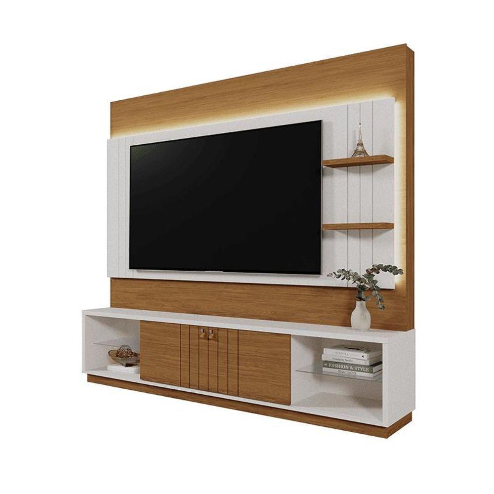 Home Guaíba 2,00m Tvs 65 Polegas Painel Ripado Led E Nichos - Perola Metalizado Amendoa - 2
