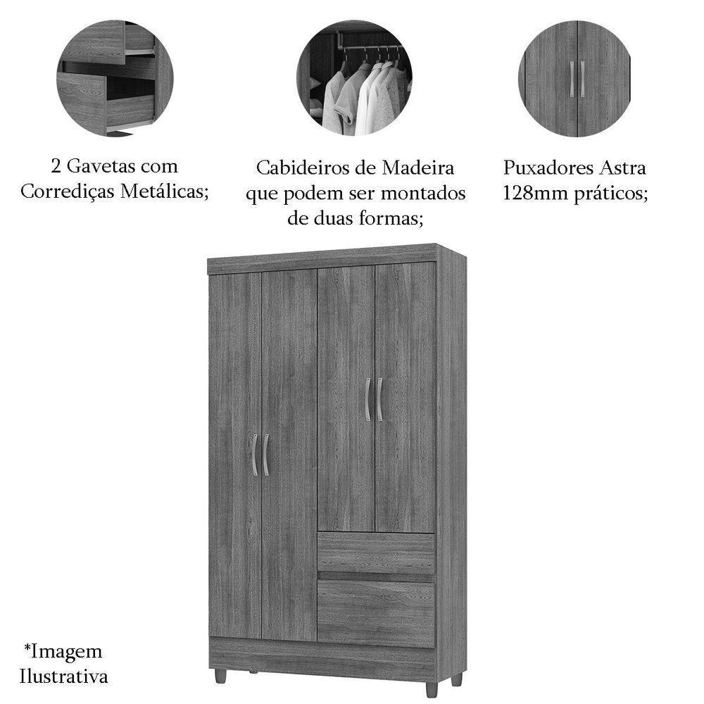Guarda-roupa Solteiro 4 Portas 2 Gavetas Com Pés Ideval Imbuia Rústico - 4