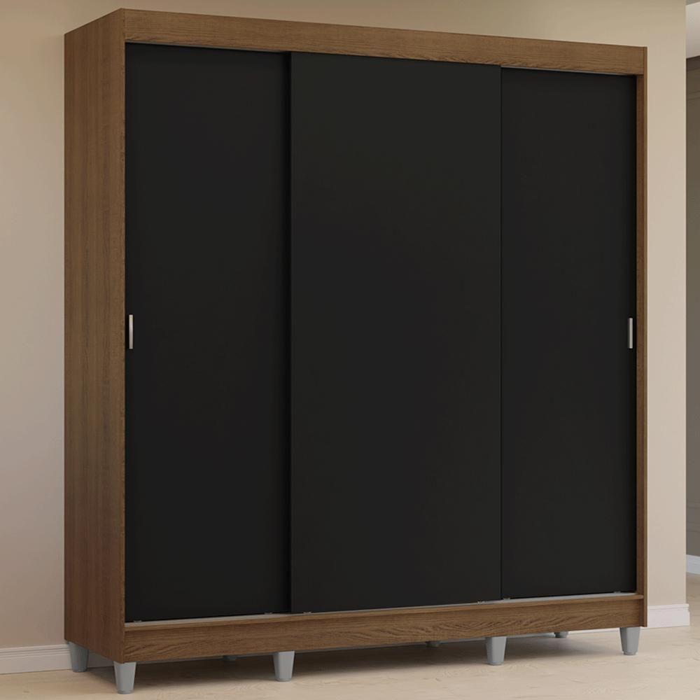Guarda-roupa Casal Com Pés 3 Portas De Correr Rustic Preto Reno Madesa - 1