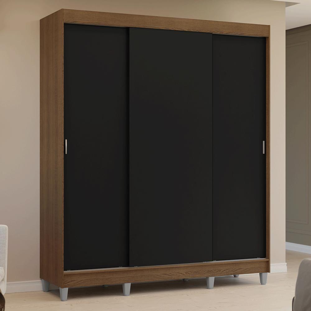 Guarda-roupa Casal Com Pés 3 Portas De Correr Rustic Preto Reno Madesa - 10