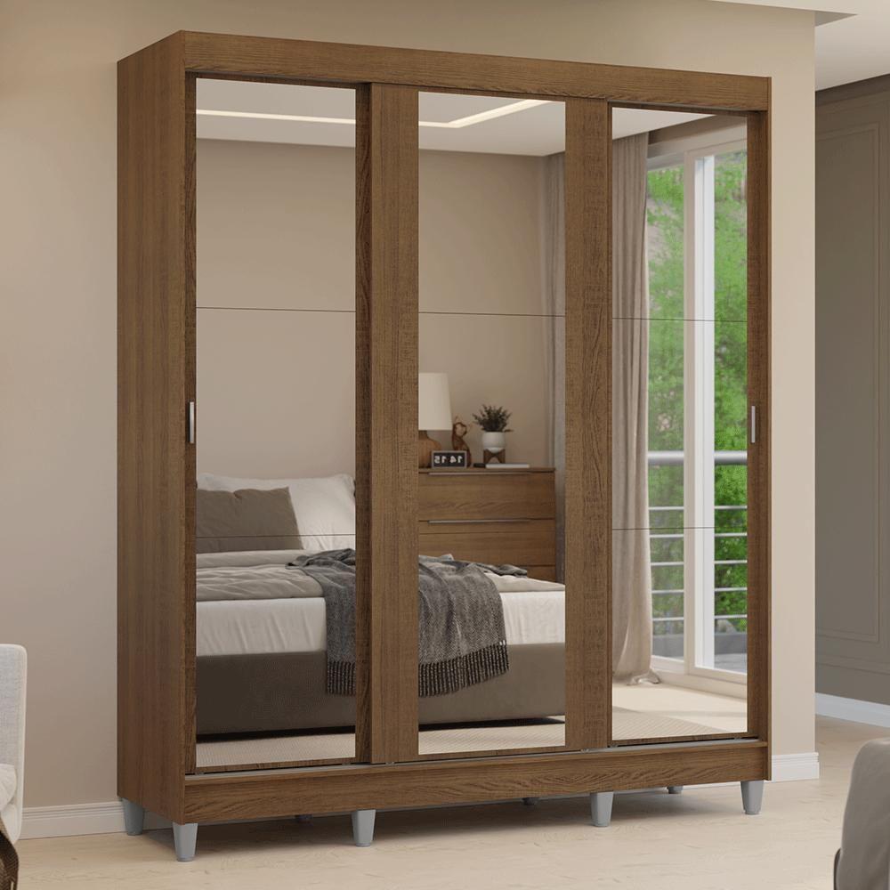 Guarda-roupa Casal Com Pés 3 Portas De Correr De Espelho Rustic Reno Madesa - 10
