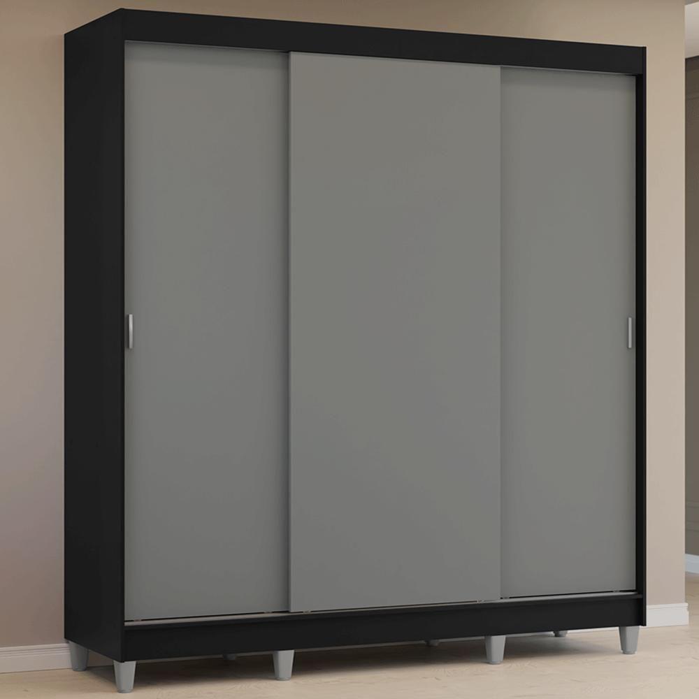 Guarda-roupa Casal Com Pés 3 Portas De Correr Preto Cinza Reno Madesa - 1