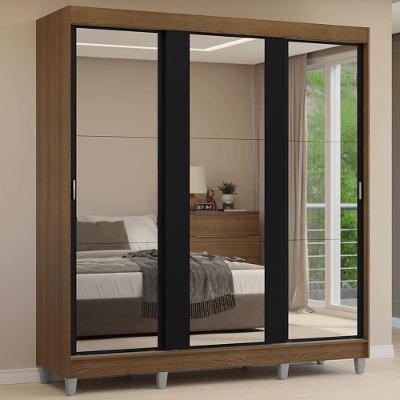 Guarda-roupa Casal Com Pés 3 Portas De Correr De Espelho Rustic Preto Reno Madesa