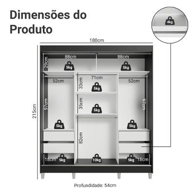 Guarda Roupa Casal Reno 3 Portas de Correr 4 Gavetas Preto-Branco MDP Madesa
