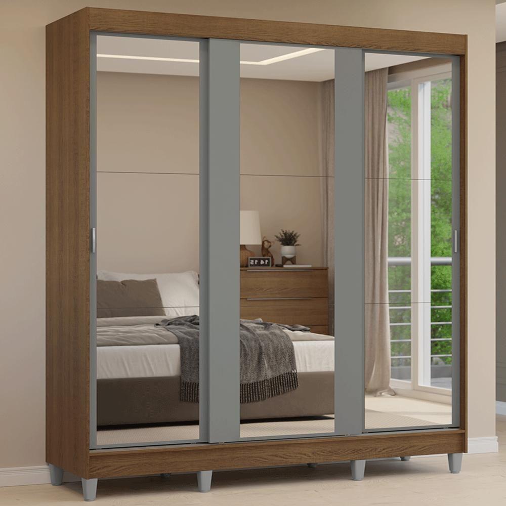 Guarda-roupa Casal Com Pés 3 Portas De Correr De Espelho Rustic Cinza Reno Madesa - 1