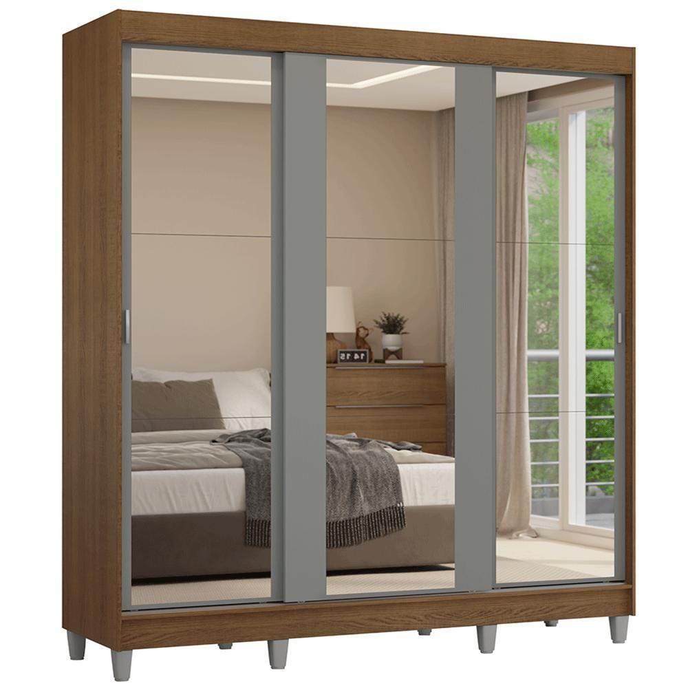 Guarda-roupa Casal Com Pés 3 Portas De Correr De Espelho Rustic Cinza Reno Madesa - 2