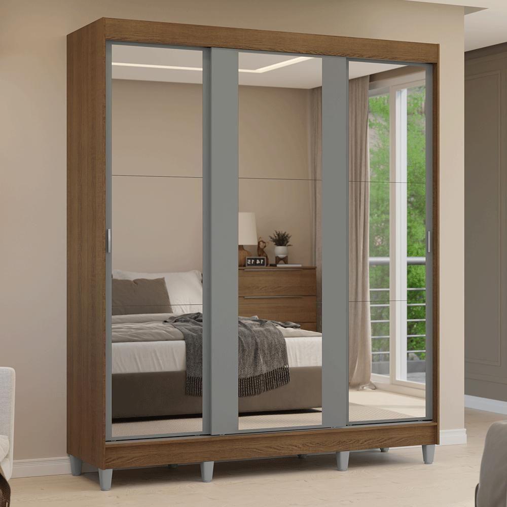 Guarda-roupa Casal Com Pés 3 Portas De Correr De Espelho Rustic Cinza Reno Madesa - 10