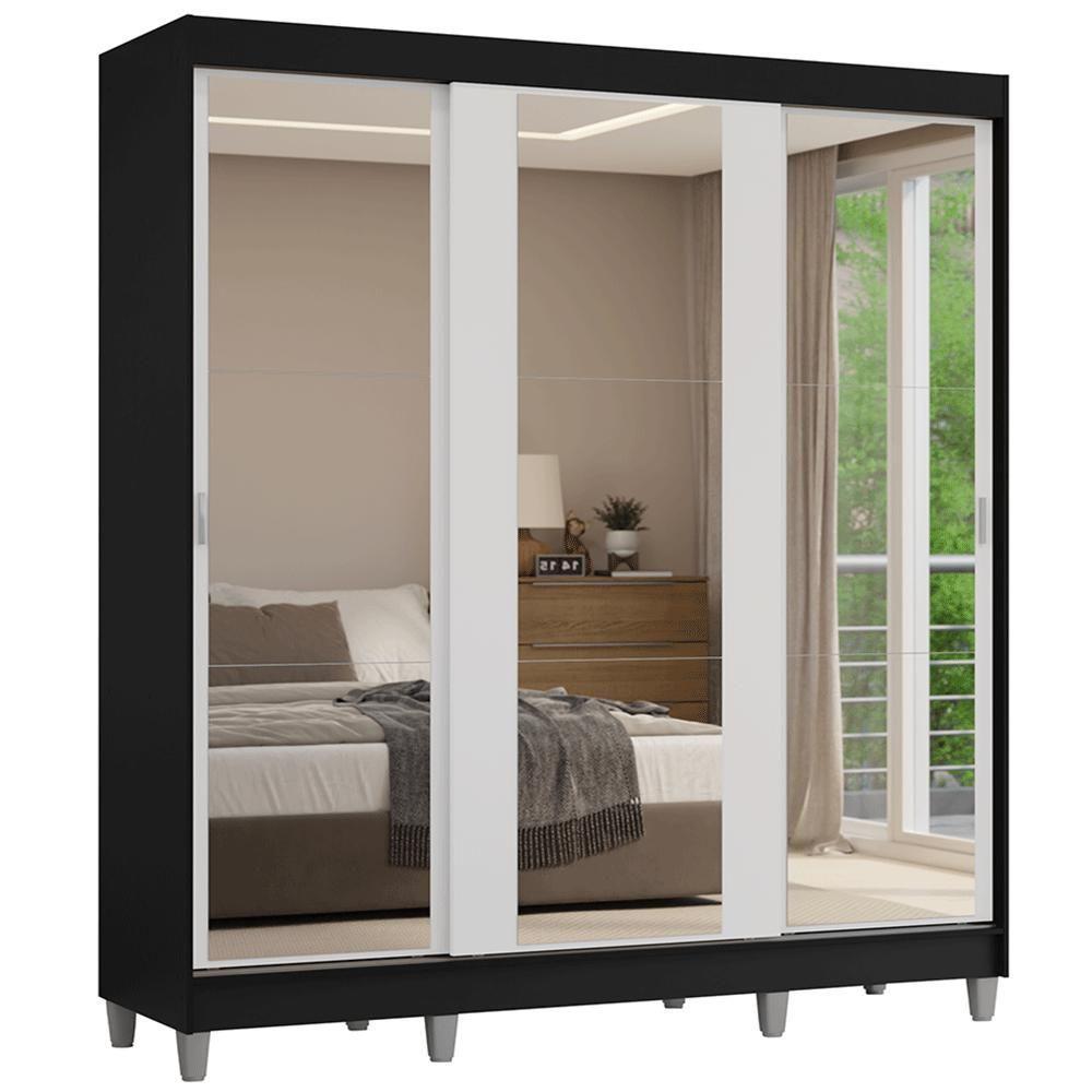 Guarda-roupa Casal Com Pés 3 Portas De Correr De Espelho Preto Branco Reno Madesa - 2