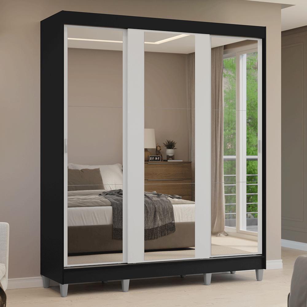 Guarda-roupa Casal Com Pés 3 Portas De Correr De Espelho Preto Branco Reno Madesa - 10