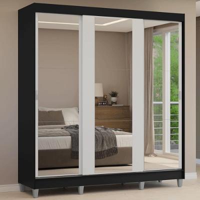 Guarda-roupa Casal Com Pés 3 Portas De Correr De Espelho Preto Branco Reno Madesa