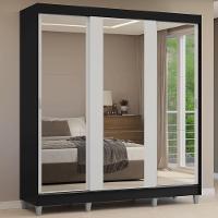 Guarda-roupa Casal Com Pés 3 Portas De Correr De Espelho Preto Branco Reno Madesa - 1