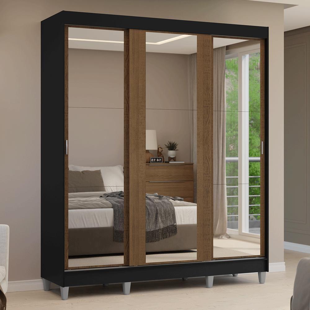 Guarda-roupa Casal Com Pés 3 Portas De Correr De Espelho Preto Rustic Reno Madesa - 10