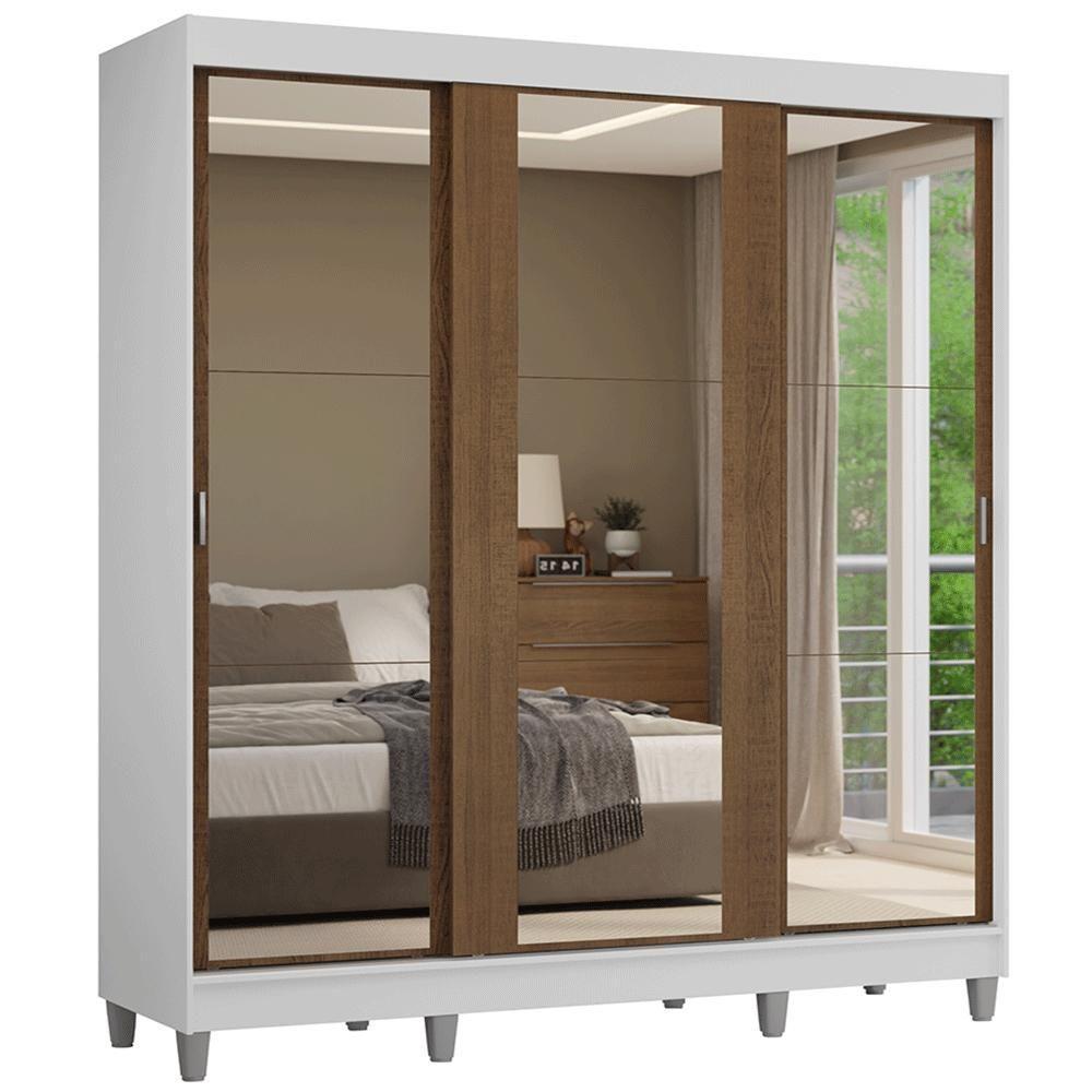 Guarda-roupa Casal Com Pés 3 Portas De Correr De Espelho Branco Rustic Reno Madesa - 2