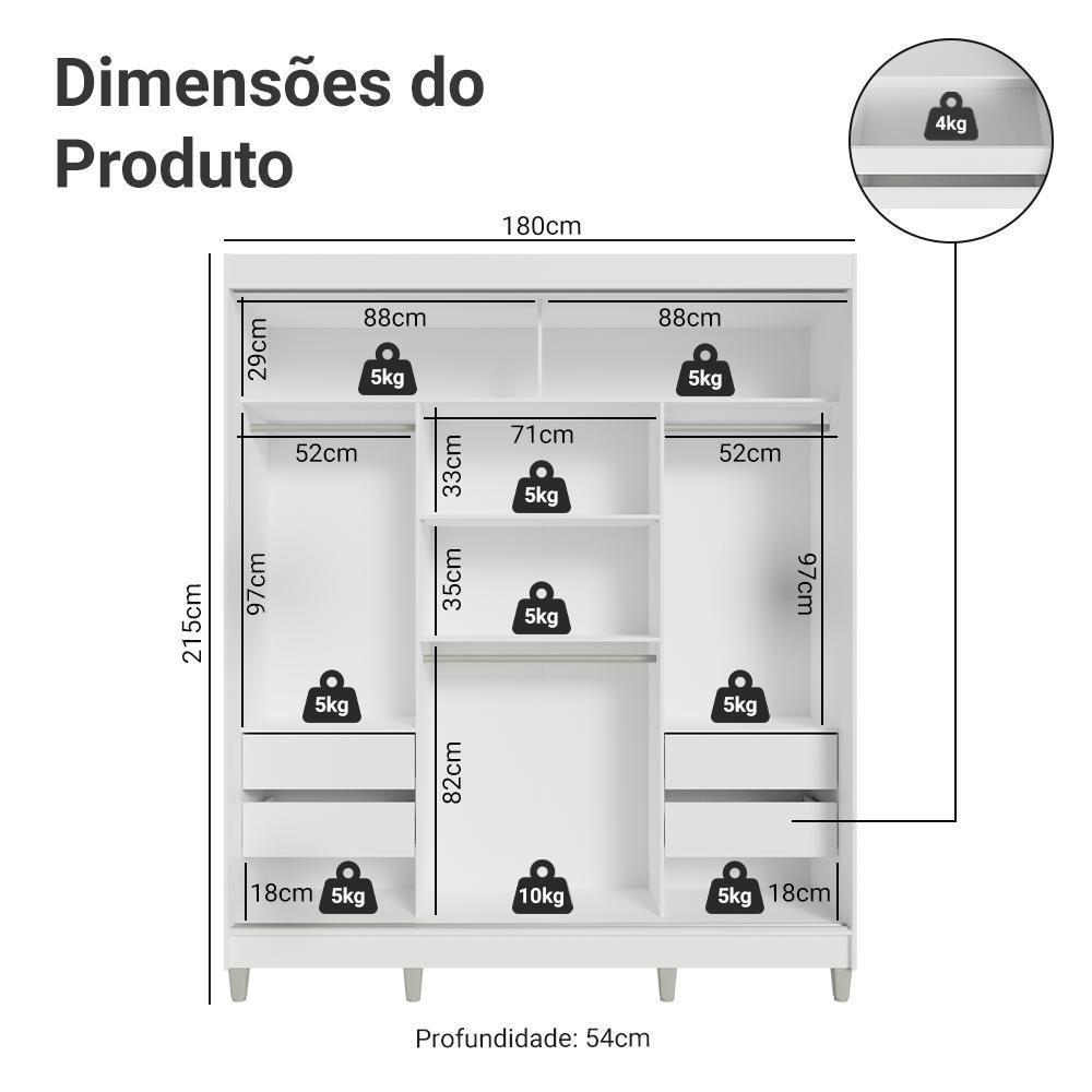 Guarda-roupa Casal Com Pés 3 Portas De Correr De Espelho Branco Rustic Reno Madesa - 3