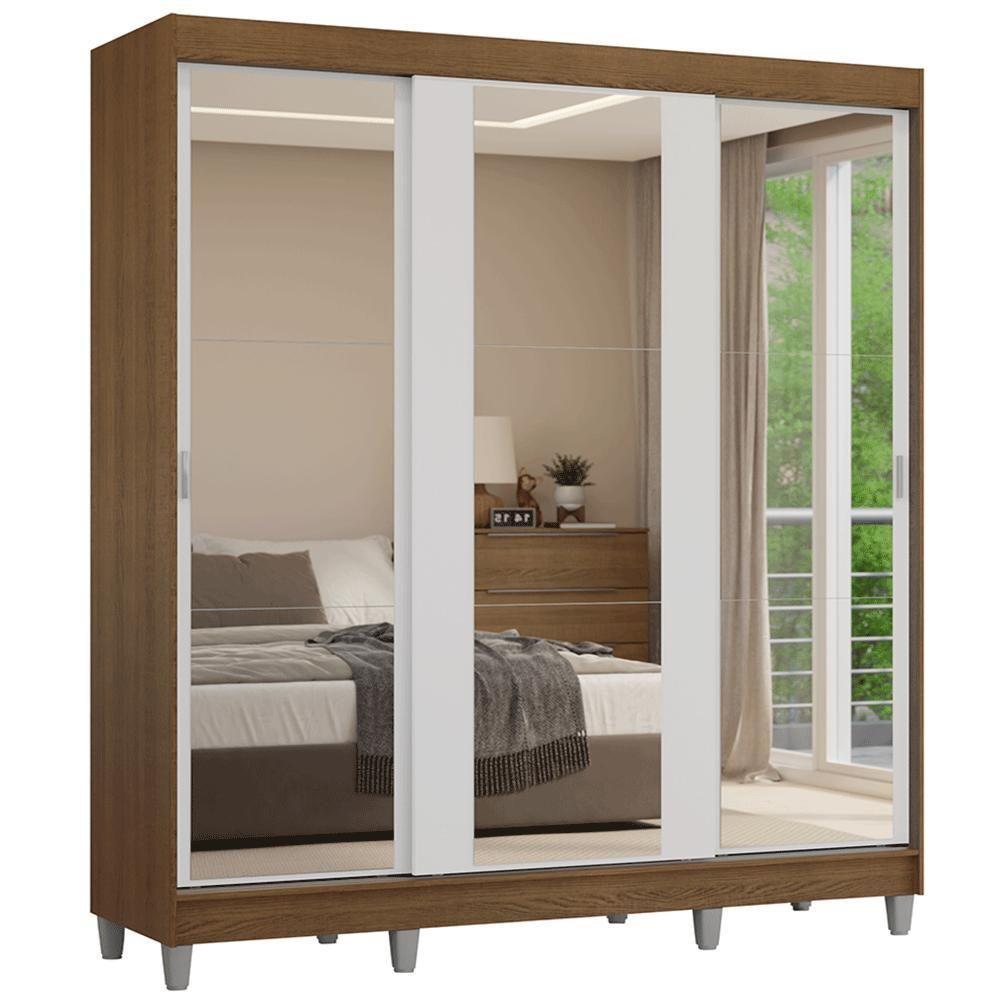 Guarda-roupa Casal Com Pés 3 Portas De Correr De Espelho Rustic Branco Reno Madesa - 2
