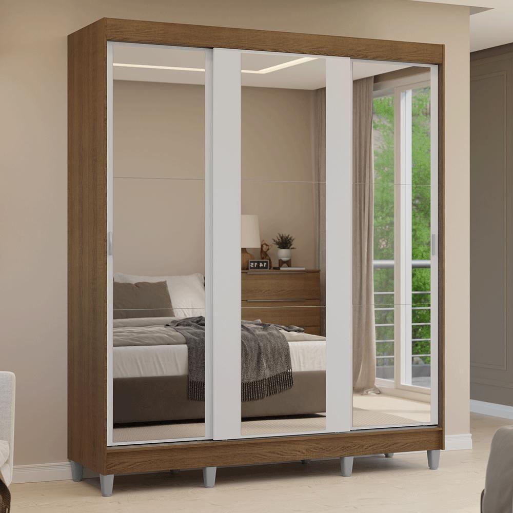 Guarda-roupa Casal Com Pés 3 Portas De Correr De Espelho Rustic Branco Reno Madesa - 9