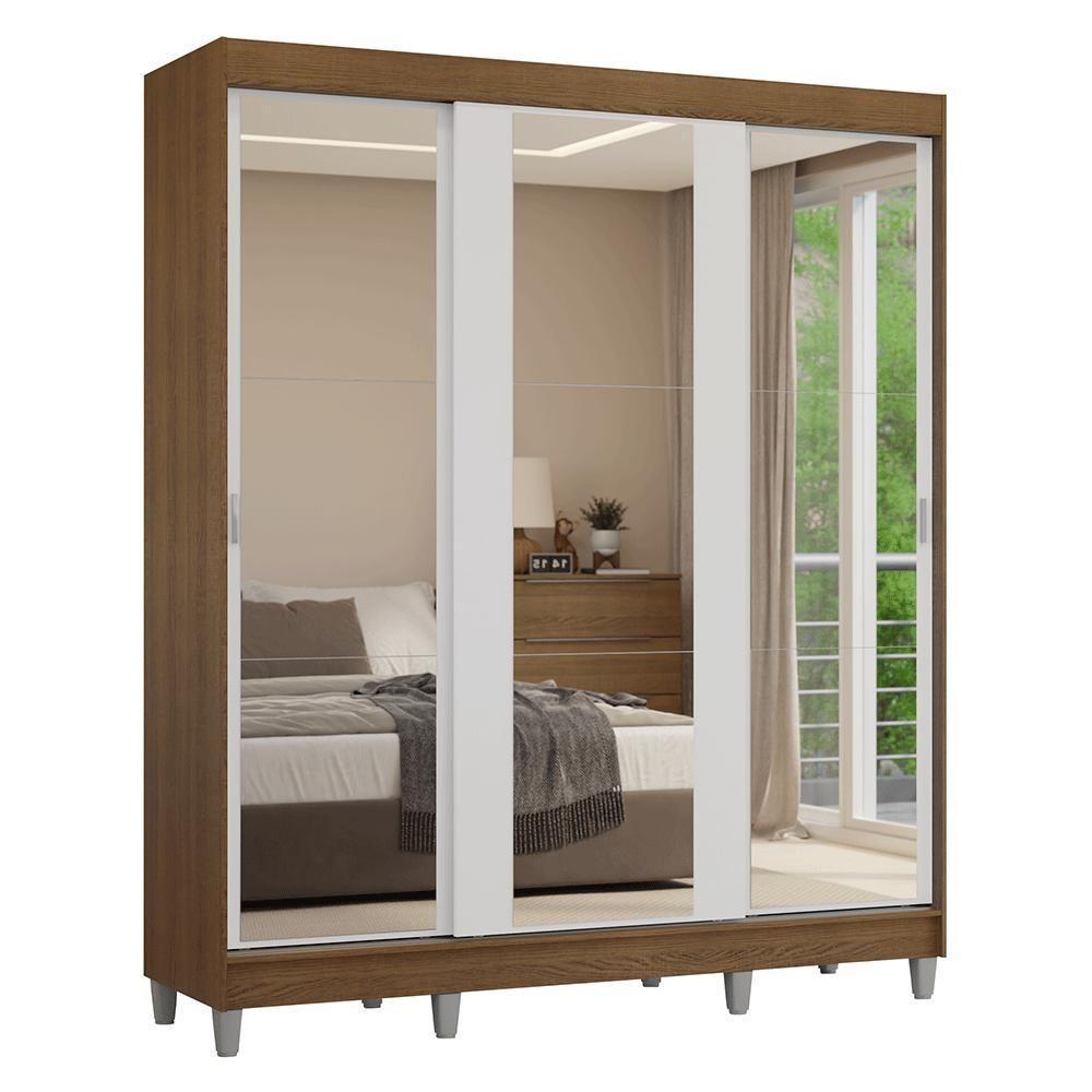 Guarda-roupa Casal Com Pés 3 Portas De Correr De Espelho Rustic Branco Reno Madesa - 10