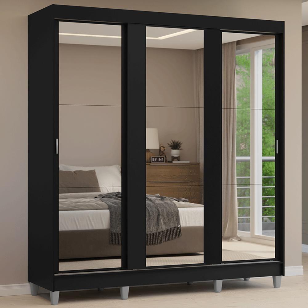 Guarda-roupa Casal Com Pés 3 Portas De Correr De Espelho Preto Reno Madesa - 1