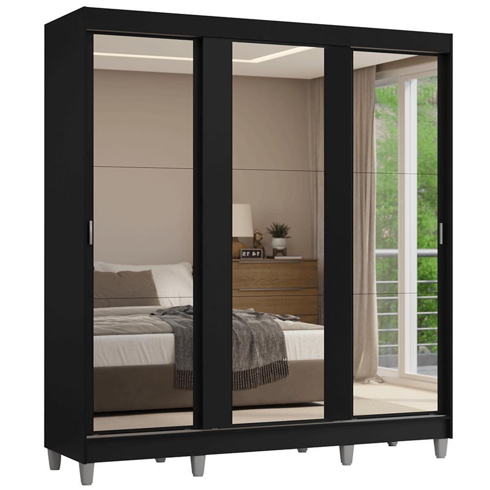 Guarda-roupa Casal Com Pés 3 Portas De Correr De Espelho Preto Reno Madesa - 2