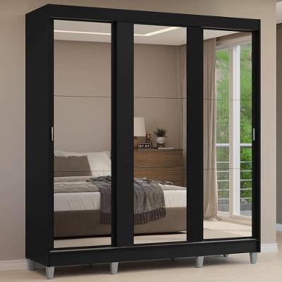 Guarda-roupa Casal Com Pés 3 Portas De Correr De Espelho Preto Reno Madesa