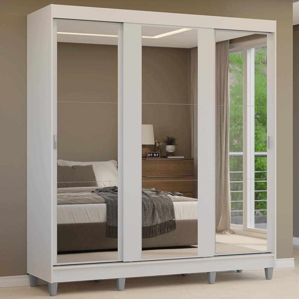 Guarda-roupa Casal Com Pés 3 Portas De Correr De Espelho Branco Reno Madesa - 1