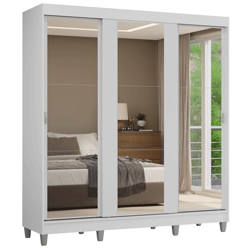 Guarda-roupa Casal Com Pés 3 Portas De Correr De Espelho Branco Reno Madesa - 2