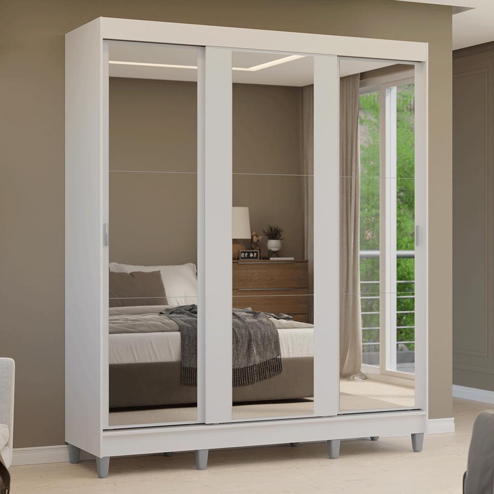 Guarda-roupa Casal Com Pés 3 Portas De Correr De Espelho Branco Reno Madesa - 9