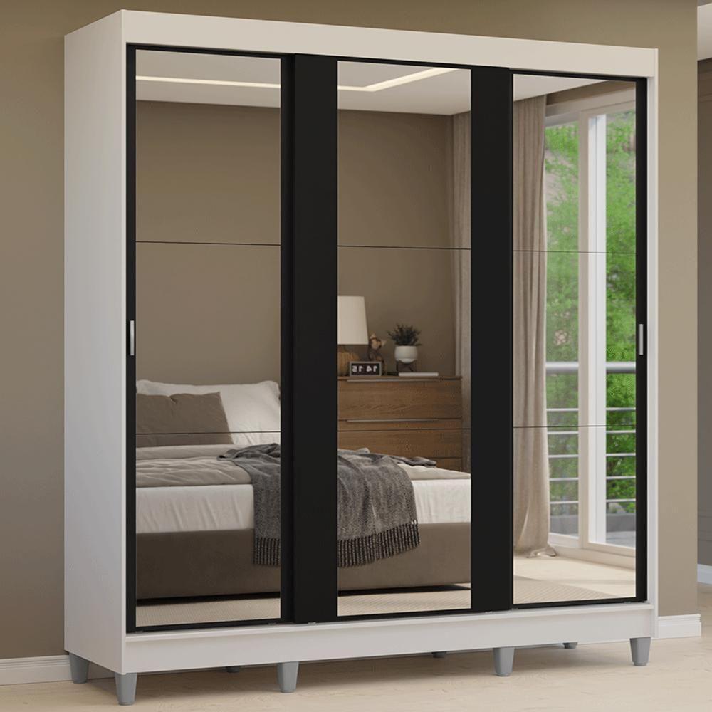 Guarda-roupa Casal Com Pés 3 Portas De Correr De Espelho Branco Preto Reno Madesa - 1