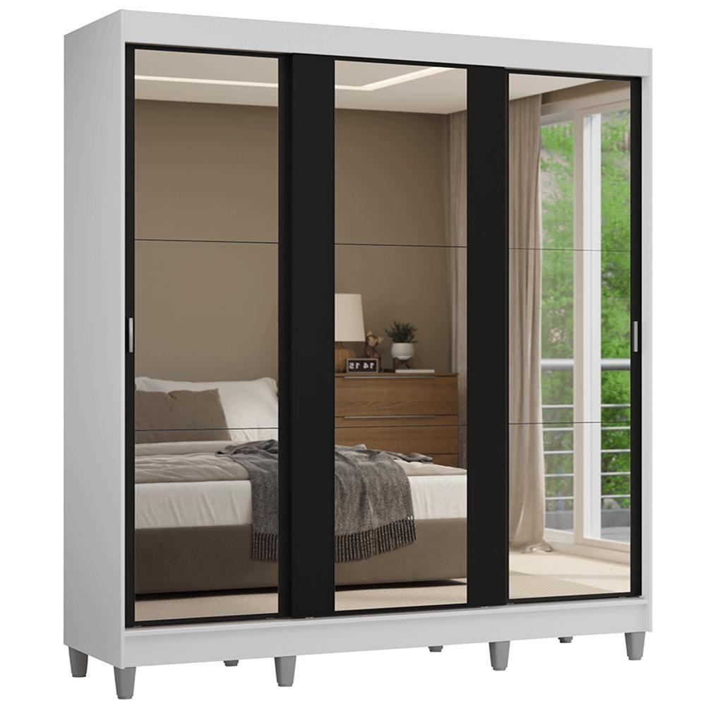 Guarda-roupa Casal Com Pés 3 Portas De Correr De Espelho Branco Preto Reno Madesa - 2