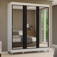 Guarda-roupa Casal Com Pés 3 Portas De Correr De Espelho Branco Preto Reno Madesa - 10