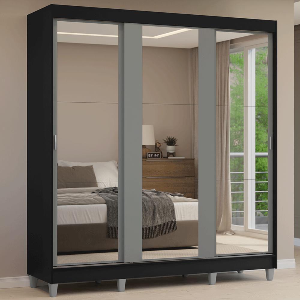 Guarda-roupa Casal Com Pés 3 Portas De Correr De Espelho Preto Cinza Reno Madesa - 1