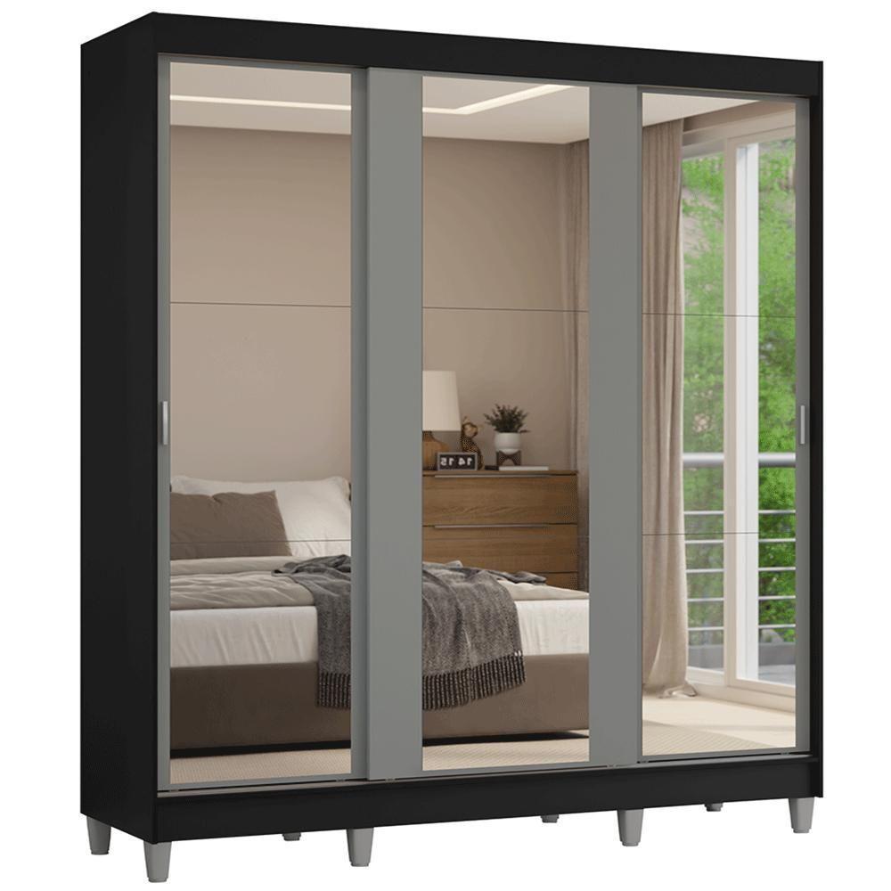 Guarda-roupa Casal Com Pés 3 Portas De Correr De Espelho Preto Cinza Reno Madesa - 2