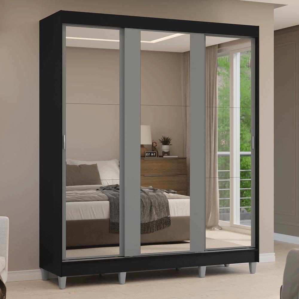 Guarda-roupa Casal Com Pés 3 Portas De Correr De Espelho Preto Cinza Reno Madesa - 10