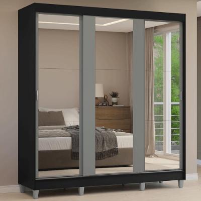 Guarda-roupa Casal Com Pés 3 Portas De Correr De Espelho Preto Cinza Reno Madesa