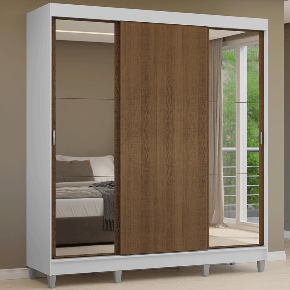 Guarda-roupa Casal Com Pés 3 Portas De Correr Com Espelhos Branco Rustic Reno Madesa - 1