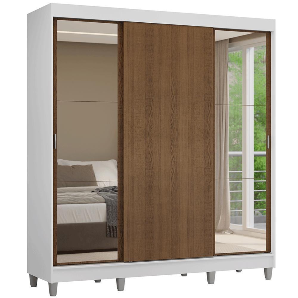 Guarda-roupa Casal Com Pés 3 Portas De Correr Com Espelhos Branco Rustic Reno Madesa - 2