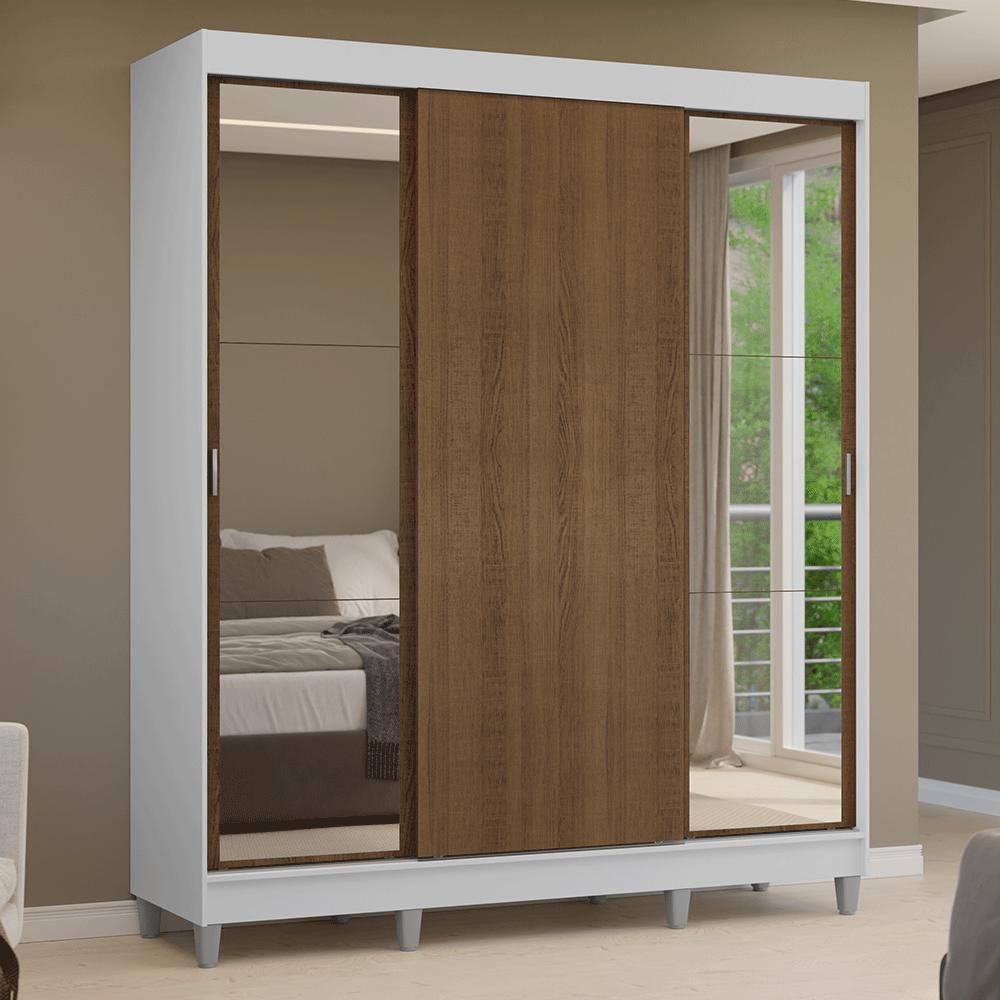 Guarda-roupa Casal Com Pés 3 Portas De Correr Com Espelhos Branco Rustic Reno Madesa - 10