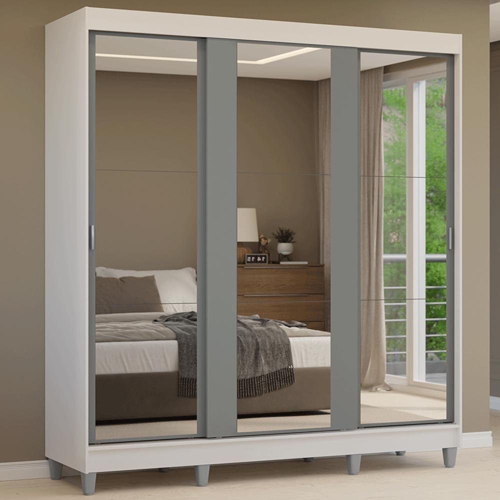 Guarda-roupa Casal Com Pés 3 Portas De Correr De Espelho Branco Cinza Reno Madesa - 1