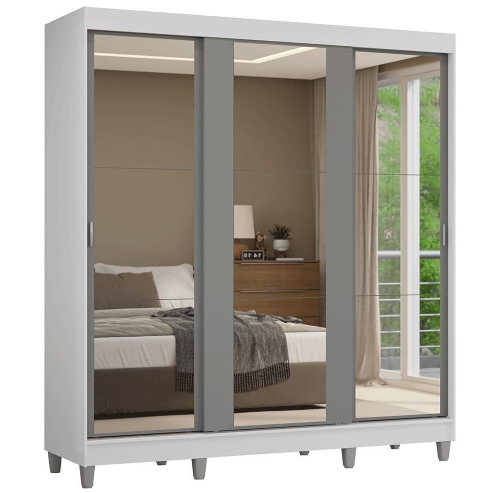 Guarda-roupa Casal Com Pés 3 Portas De Correr De Espelho Branco Cinza Reno Madesa - 2