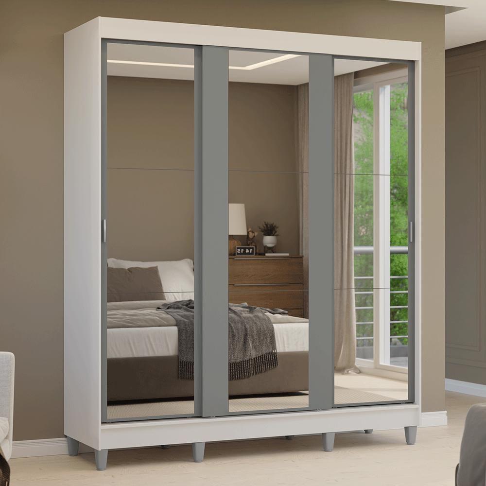 Guarda-roupa Casal Com Pés 3 Portas De Correr De Espelho Branco Cinza Reno Madesa - 10