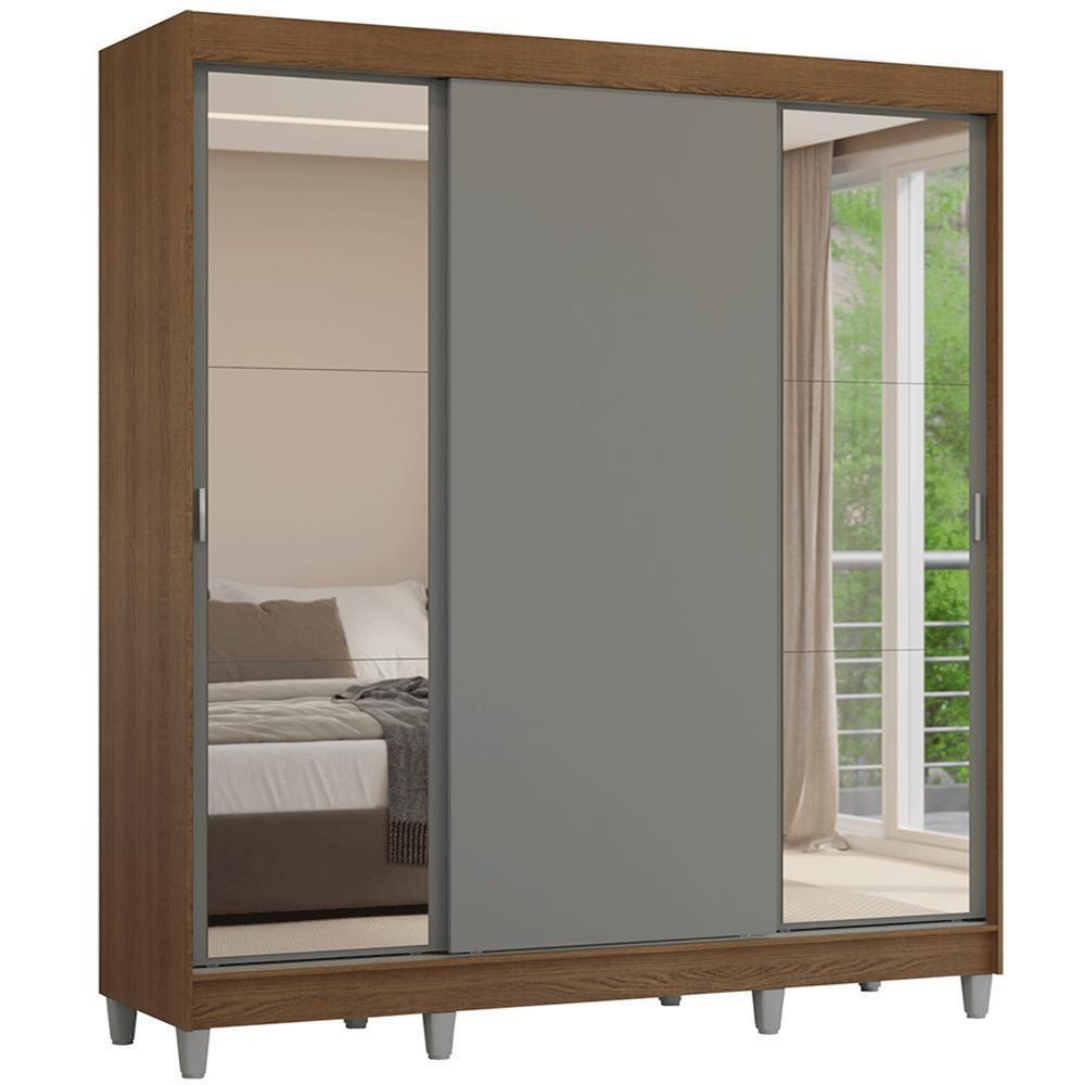 Guarda-roupa Casal Com Pés 3 Portas De Correr Com Espelhos Rustic Cinza Reno Madesa - 2