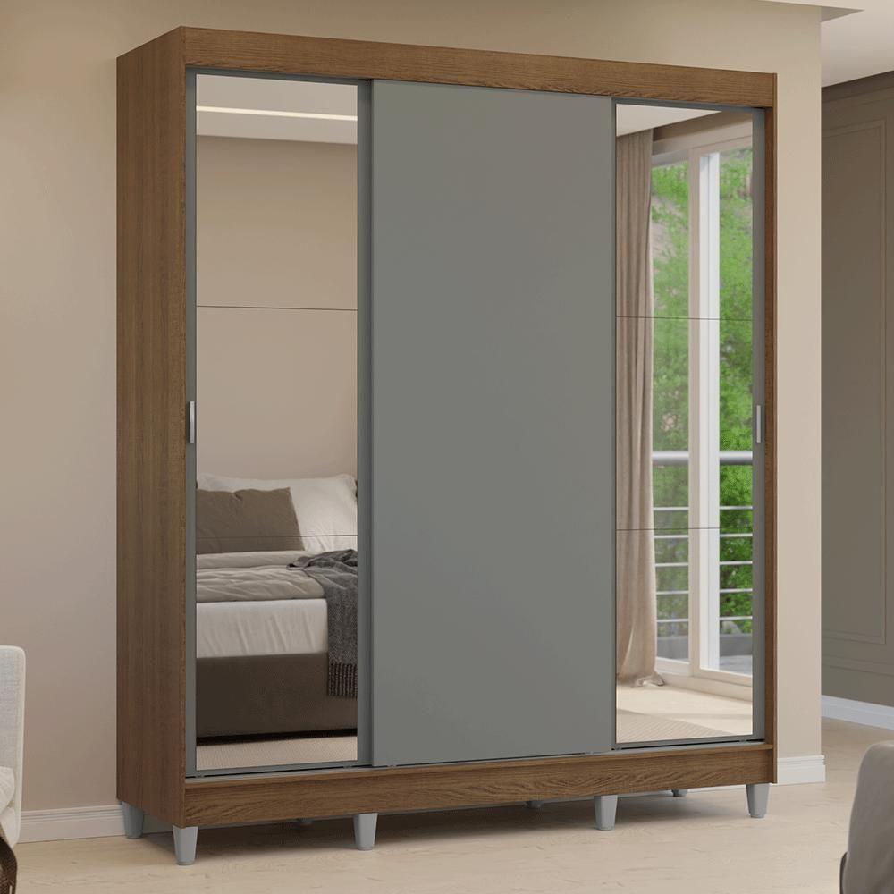 Guarda-roupa Casal Com Pés 3 Portas De Correr Com Espelhos Rustic Cinza Reno Madesa - 10