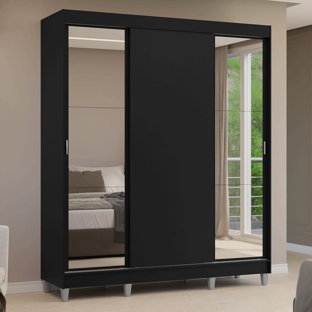 Guarda-roupa Casal Com Pés 3 Portas De Correr Com Espelhos Preto Reno Madesa - 10